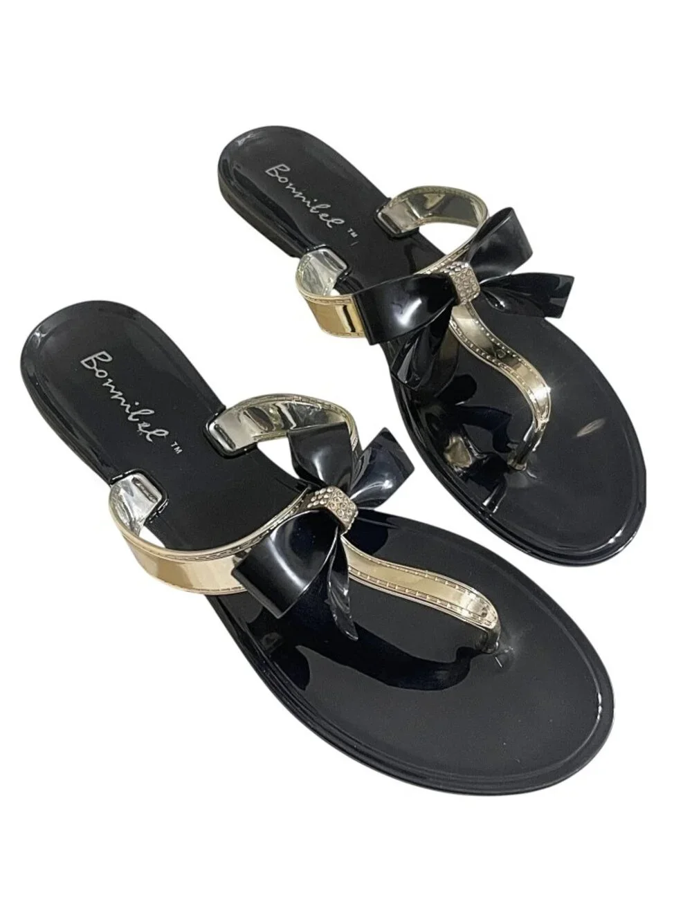 Bonnibel Jewel Bow Sandals – Gold Rhinestone Thong Flats | Women’s Sizes 5.5-10 - Picture 2 of 7